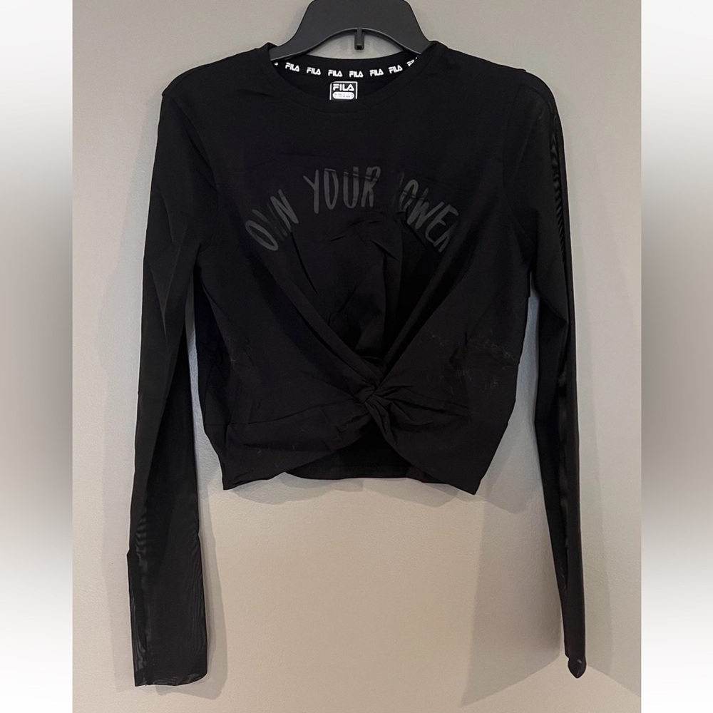 New! FILA “Own Your Power” Mesh Sleeve Long Sleeve Top (Black, Size L, NWT)